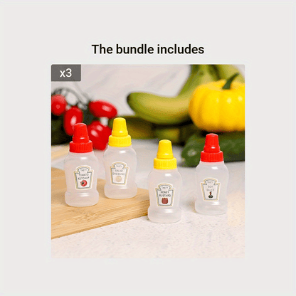 Set of 4 mini sauce bottles for salads, ketchup, honey, and soy sauce - BPA-free plastic dispensers for kitchens and restaurants.