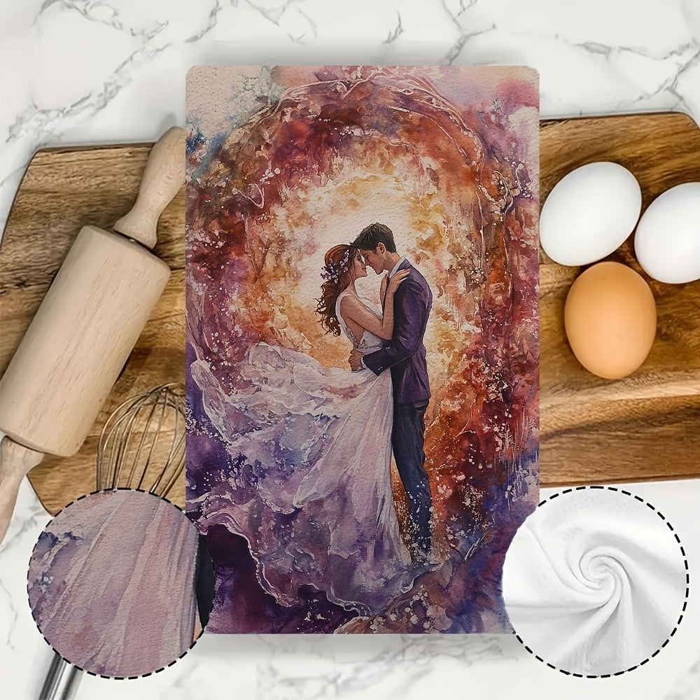 Two pieces of Romantic Sunrise Kitchen Towels made of ultra soft and highly absorbent polyester. Each towel measures 40.64x60.96 cm and features a vibrant design of a couple embracing. Perfect for holiday decor and daily use, these towels are machine