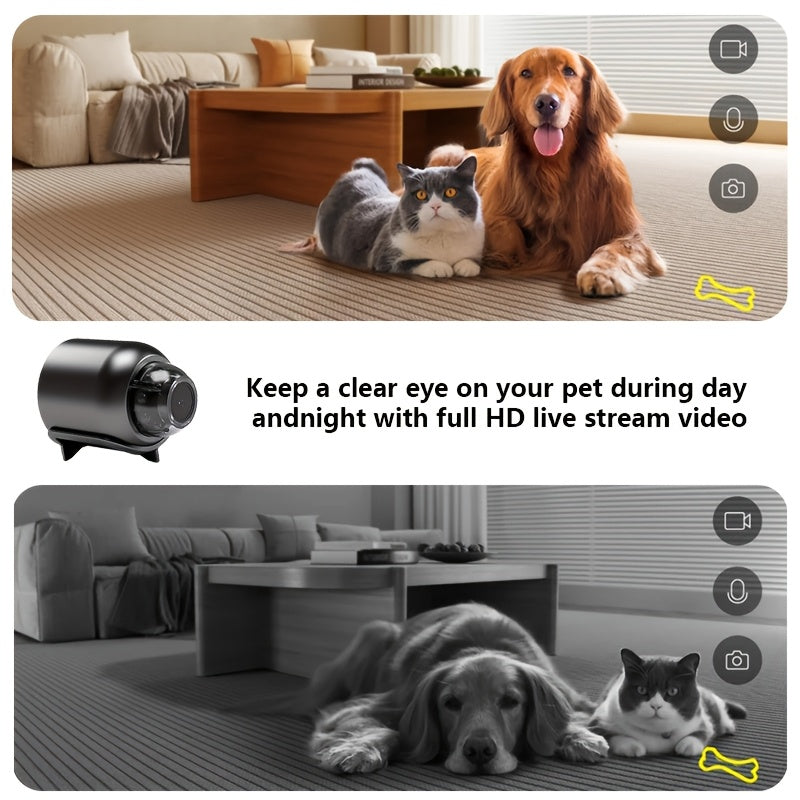 Compact WiFi mini camera with magnetic mount for easy installation. USB powered with wireless real-time video monitoring through app. Features motion detection for pet and home security.