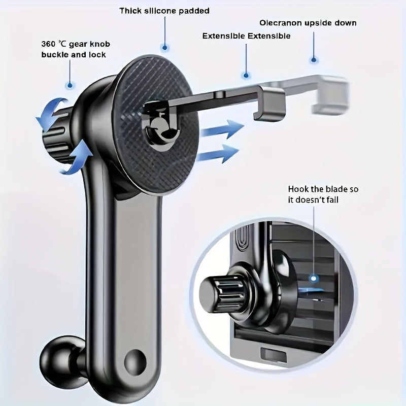 Car phone mount features stable gravity lock, anti-shake design, and adjustable air vent grip made of waterproof ABS material.