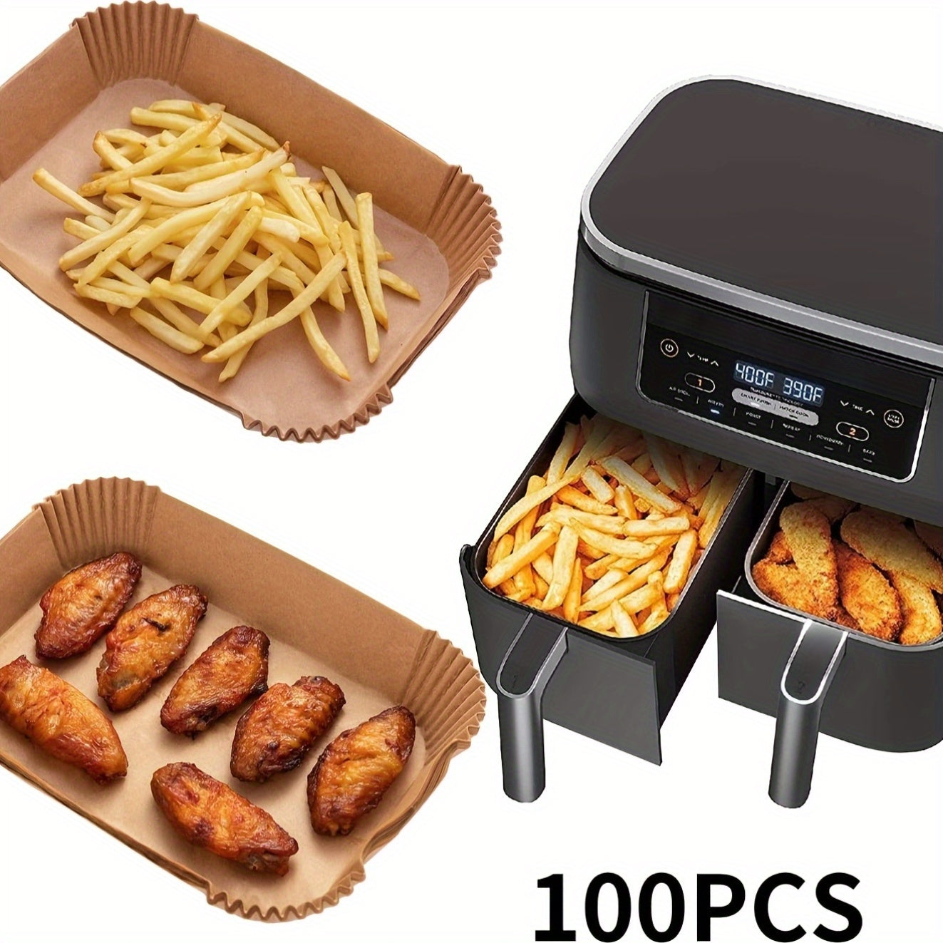 Large Rectangular Silicone Paper Air Fryer Liners - Available in 50pcs or 100pcs. Non-Stick, Easy to Clean, Space-Saving Design. Oven Safe and Disposable Paper Baskets for Baking, Cooking, and Serving Food. Ideal Kitchen Tool for Home Chefs.