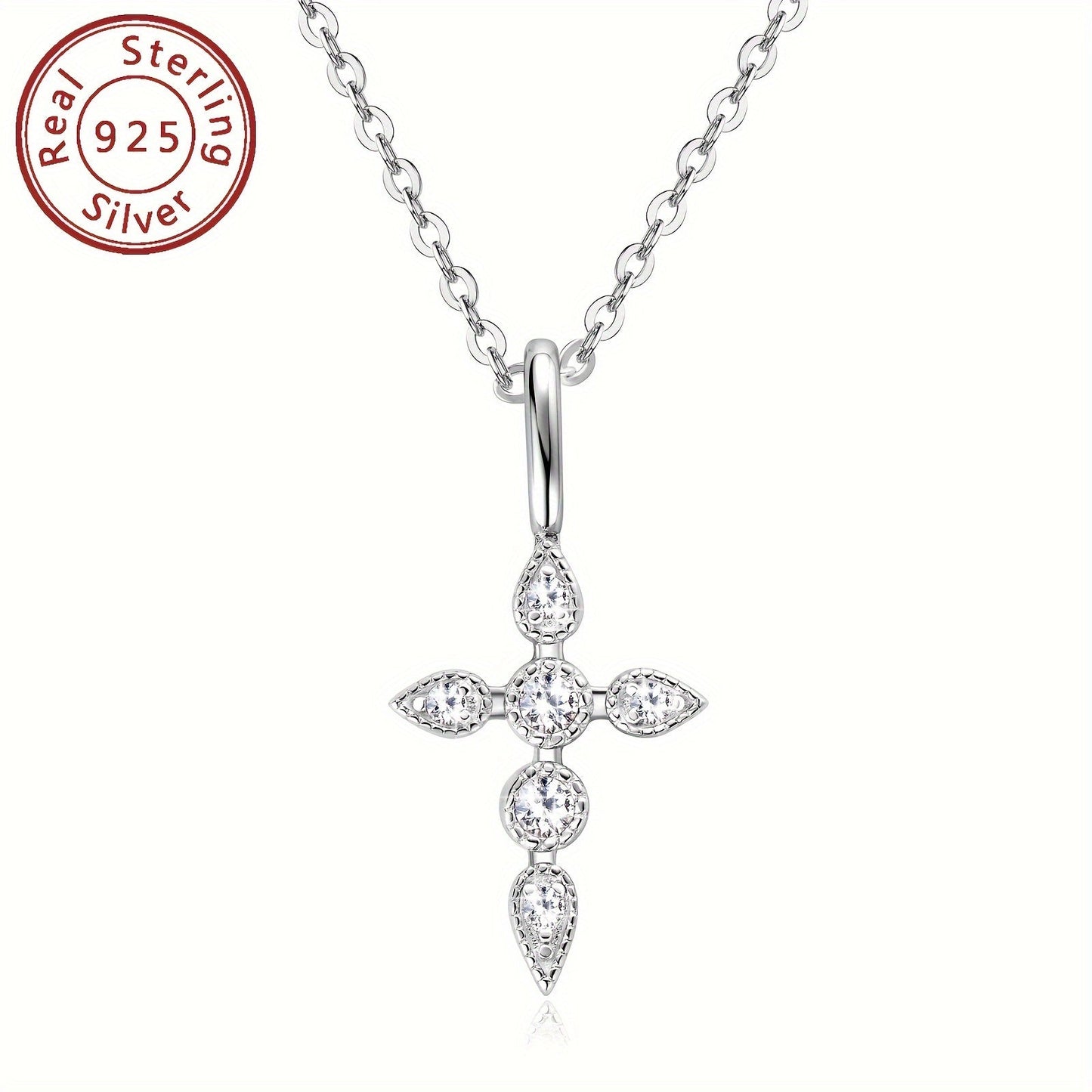 A stunning Mozambique stone cross necklace featuring a 925 sterling silver cross pendant. The necklace is decorated with a round Mozambique stone, measuring 40+5cm/16+2 inches in length. The silvery weight of the necklace is 2.29g, with the Mozambique