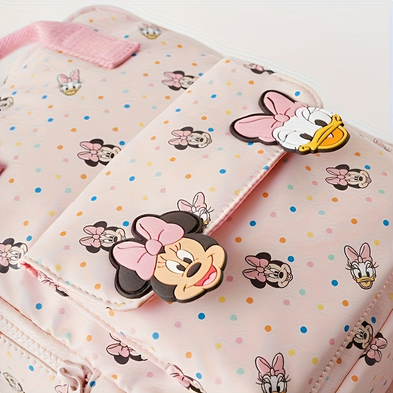 Women's pink Minnie Daisy printed backpack, made of lightweight polyester and canvas material.