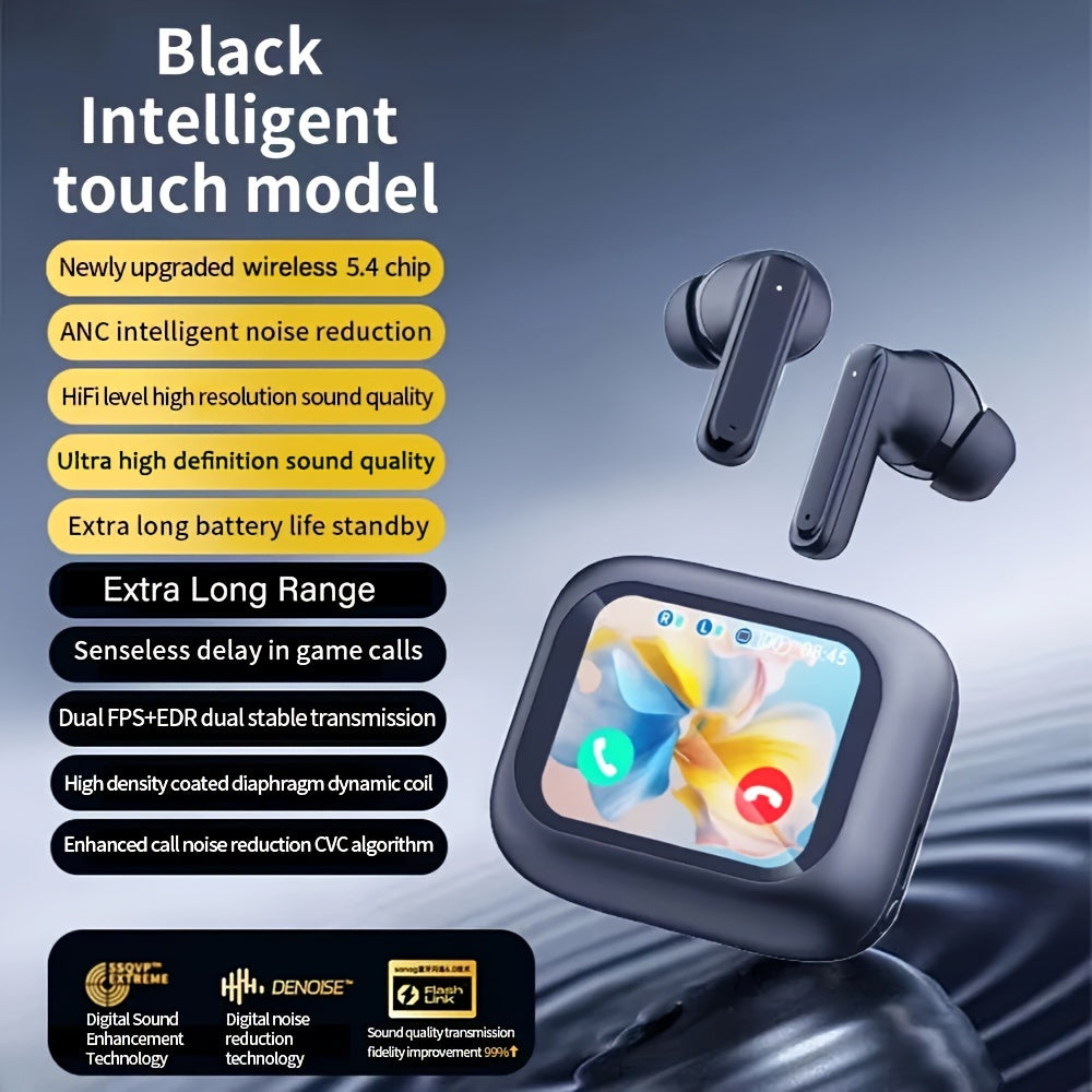 New smart LCD touch screen earphones with built-in microphone and noise reduction. Supports multi-language switching, suitable for various smartphones.