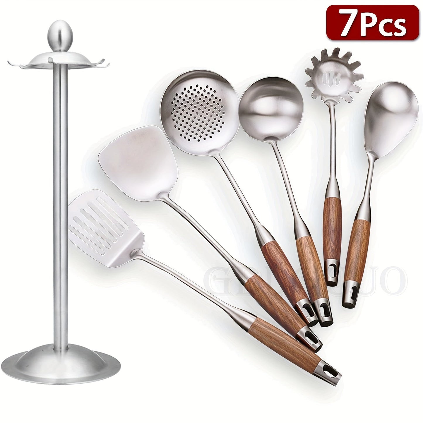 Seven pieces of cooking utensils made with durable 304 stainless steel, complete with a rotating stand storage box. The set includes a slotted spoon, slotted spatula, ladle, soup ladle, spreader, and spaghetti server.