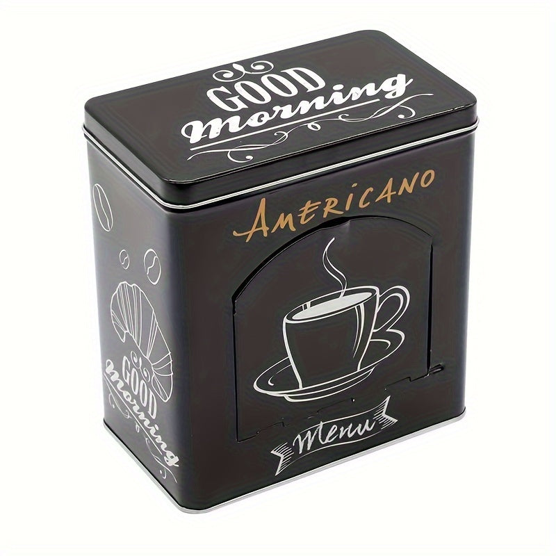 Vintage American style metal coffee tin can dispenser with side opening and rectangular desktop storage box for home and office use.