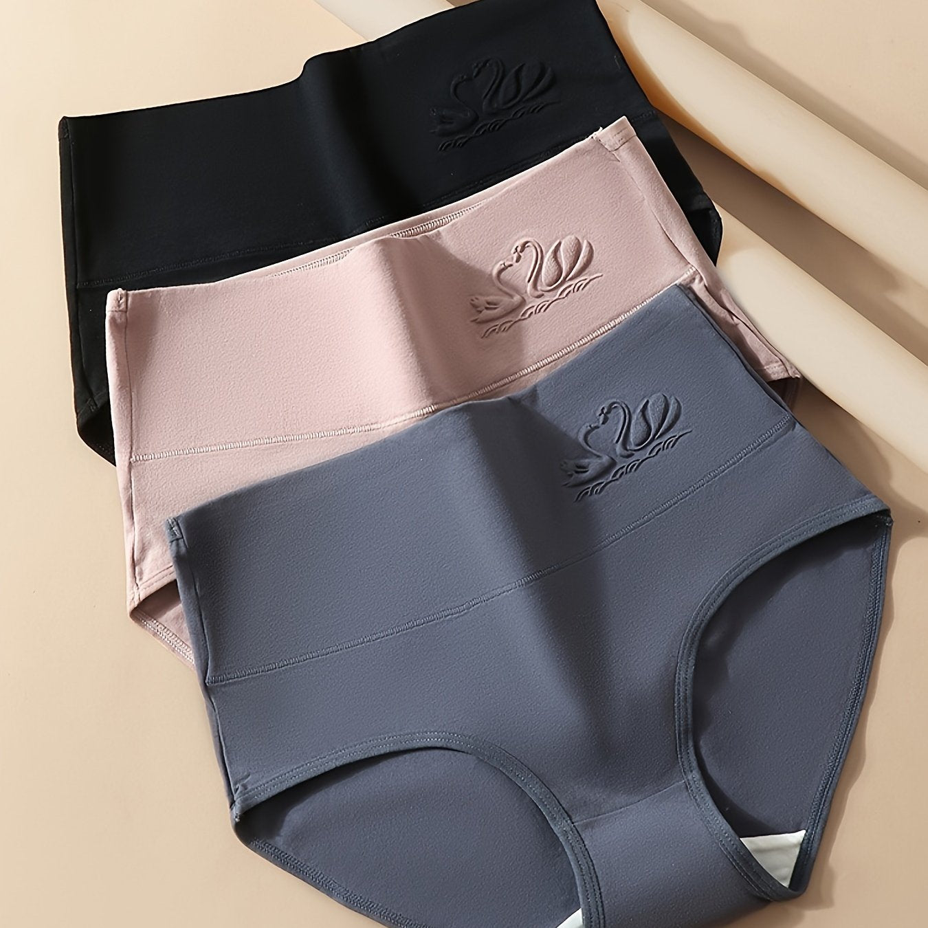 Three high waist solid panties, comfortable and stretchy with breathable fabric. Women's lingerie and underwear.