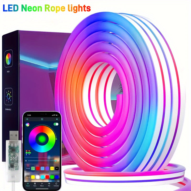 AMill LED Neon Strip Lights - 100.58/298.7/499.87cm, Music Sync, App Control, Flexible RGB+IC Lighting for Indoor/Outdoor Decor, Holidays, USB Powered