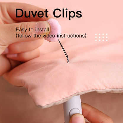 5, 7, or 9 piece set of Quilt Fixers designed to prevent duvets from slipping, with corner buckles to keep sheets and covers in place. These stabilizers are soft, safe, and needle-free. Available in pink and easy to detach, complete with necessary tools.