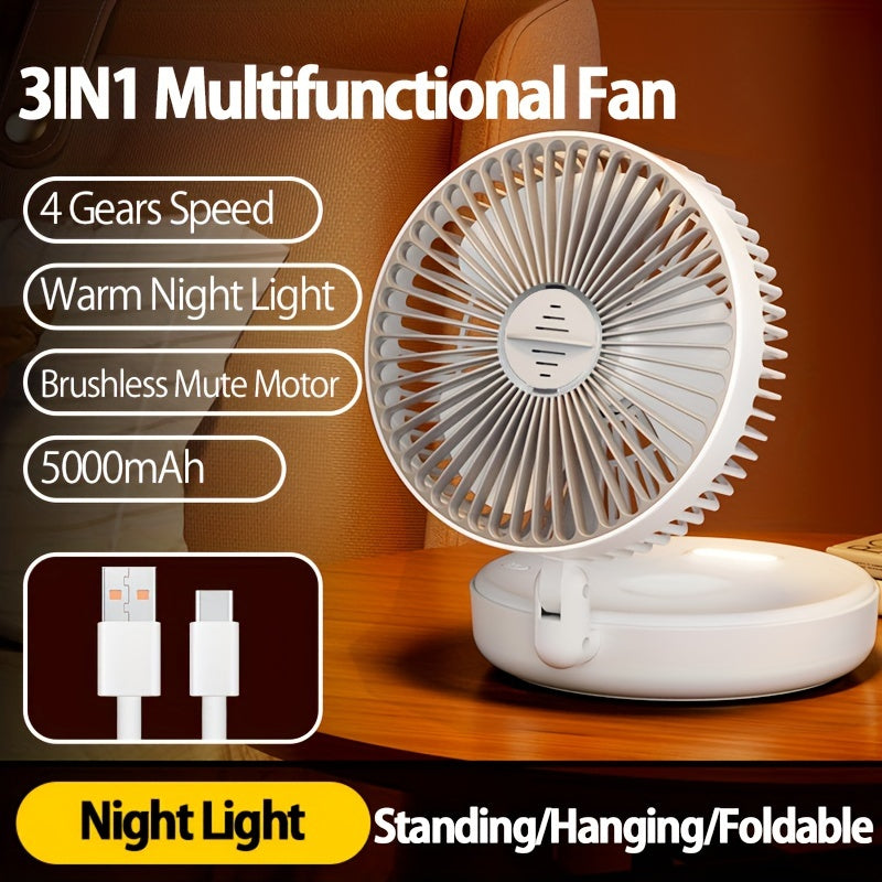 Versatile and Compact 3-in-1 Rechargeable Circulation Fan with Quiet Brushless Motor and Warm Night Light Feature - Perfect for Office, Home, and Outdoor Use - Includes Traceless Hook for Easy Mounting - Portable and Foldable Design with 4 Adjustable