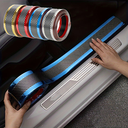 Car door sill protection strip with carbon fiber design to prevent scratches and add style to your vehicle.