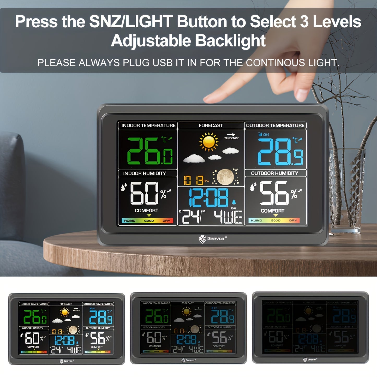 Geevon Wireless Weather Station features a color display and includes an indoor/outdoor thermometer, barometer, calendar, USB charging port, adjustable backlight, and multi-channel support