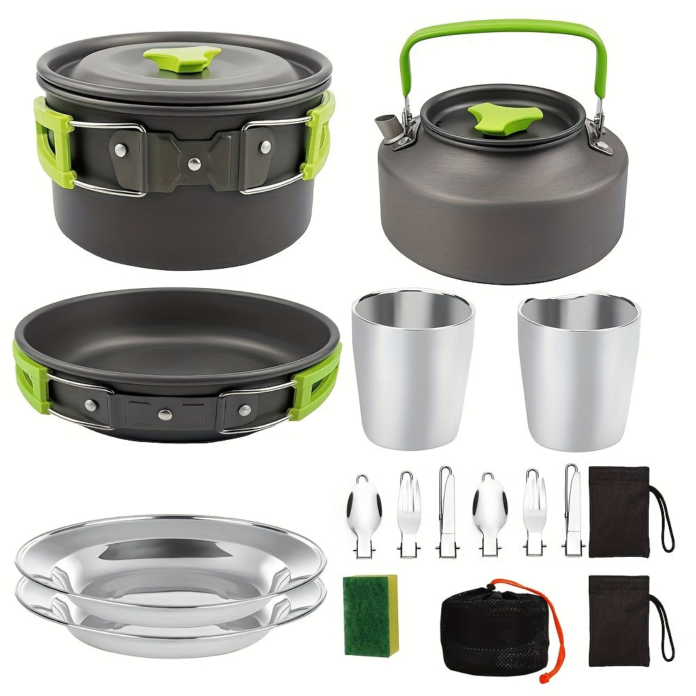 15-piece camping cookware set made of portable non-stick aluminum alloy for outdoor cooking.