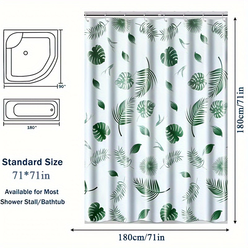 Tropical leaf bath liner made of water-resistant polyethylene, featuring a leaf pattern. Includes easy-hang white plastic hooks for all-season bathroom decor.