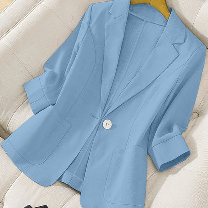 Women's lime green fashion blazer is single-breasted and made of lightweight polyester. Features a classic collar, two flap pockets, and a straight cut for spring/summer elegance.