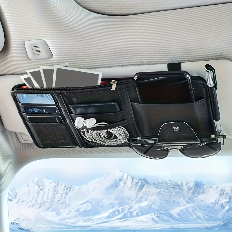 Car sun visor storage box with multiple functions: sunglasses organizer, card pouch, interior accessory.