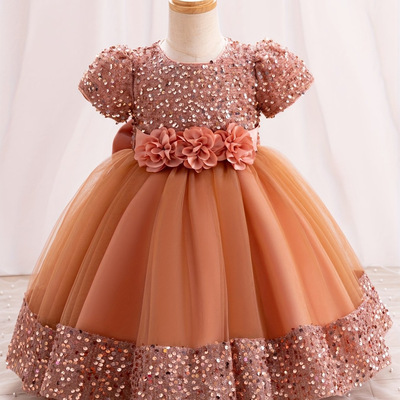 Sparkling gown dress with 3D flower decor and sequins, perfect for weddings, birthdays, and parties.