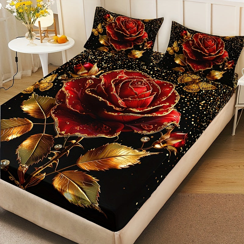 3pcs Golden Rose Floral Digital Print Bedding Set made of 100% polyester. Includes fitted sheet and pillowcases with deep pockets. Machine washable.