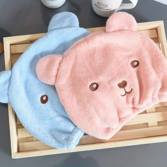 Soft microfiber hair drying cap with bear design, absorbent and quick-dry, easy to fit, cartoon print, woven.