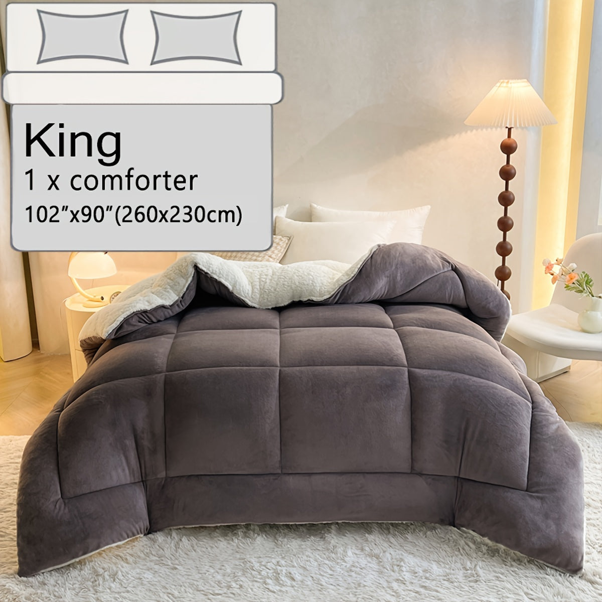 Super cozy Sherpa fleece comforter in a solid color, thick and warm for year-round use. Easy to clean in the washing machine, ideal for bedroom and guest room.