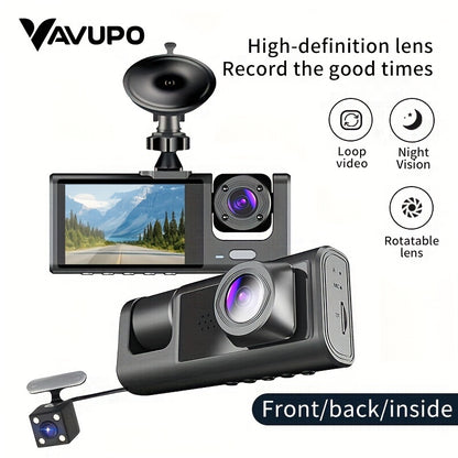 Vavupo 3-Channel Dash Cam with IR Night Vision - 1080P HD, Front & Rear Recording, Loop Playback, 5.08cm IPS Display, Wide Angle Lens, USB Powered