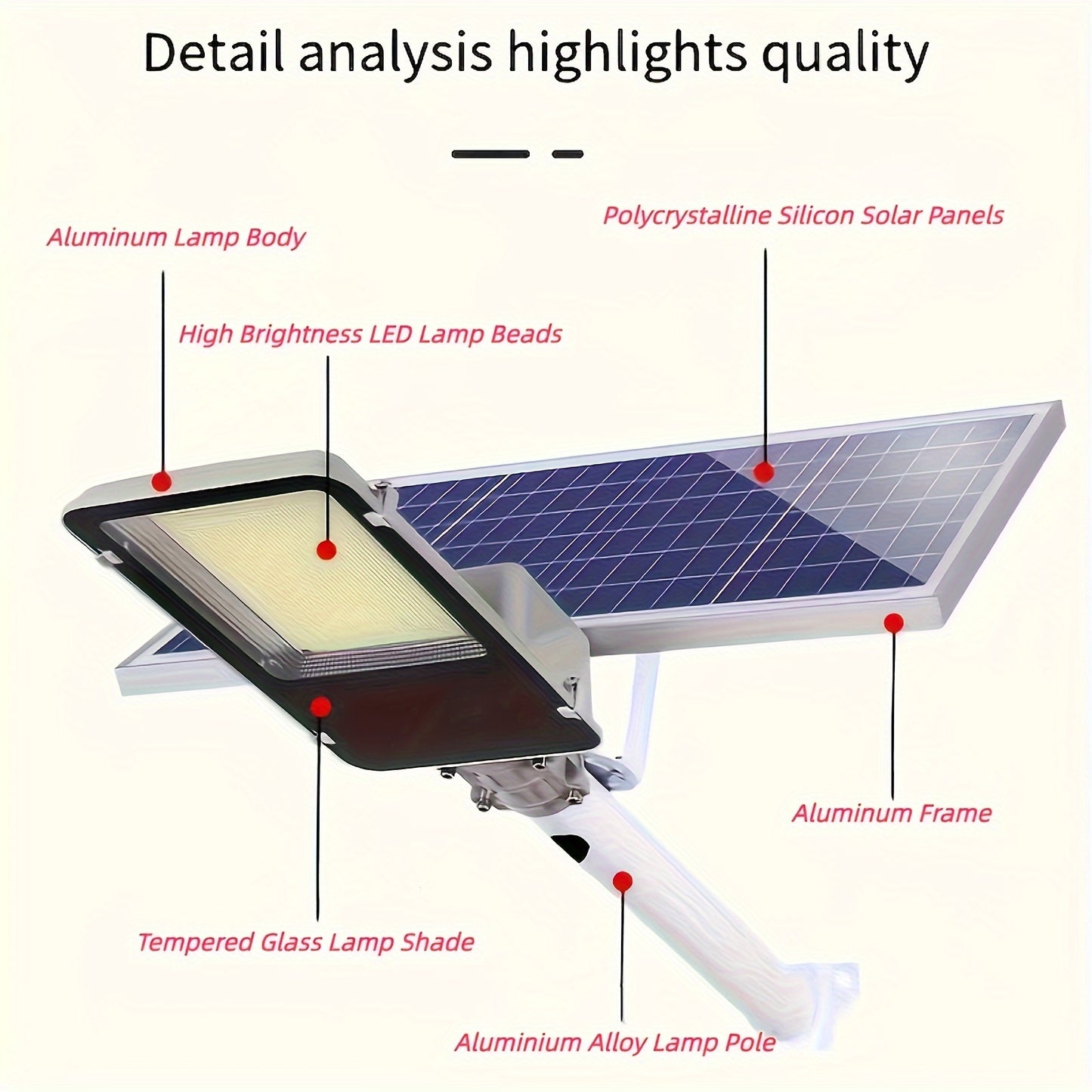 500W quyoshli ko'cha ustun chiroqlari, 20AH batareya, 25W quyosh paneli, masofadan boshqarish, ABS material, infraqizil sensor, shisha soyali ajratiladigan floodlight, litiy quyosh batareyasi, o'rnatish