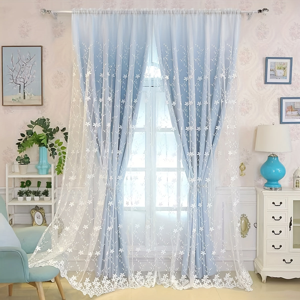 Delicate White Sheer Curtain with Small Romantic Flower Embroidery, Perfect for Living Room, Bedroom, Office, or Home Decoration. Comes with Rod Pocket for Easy Installation.