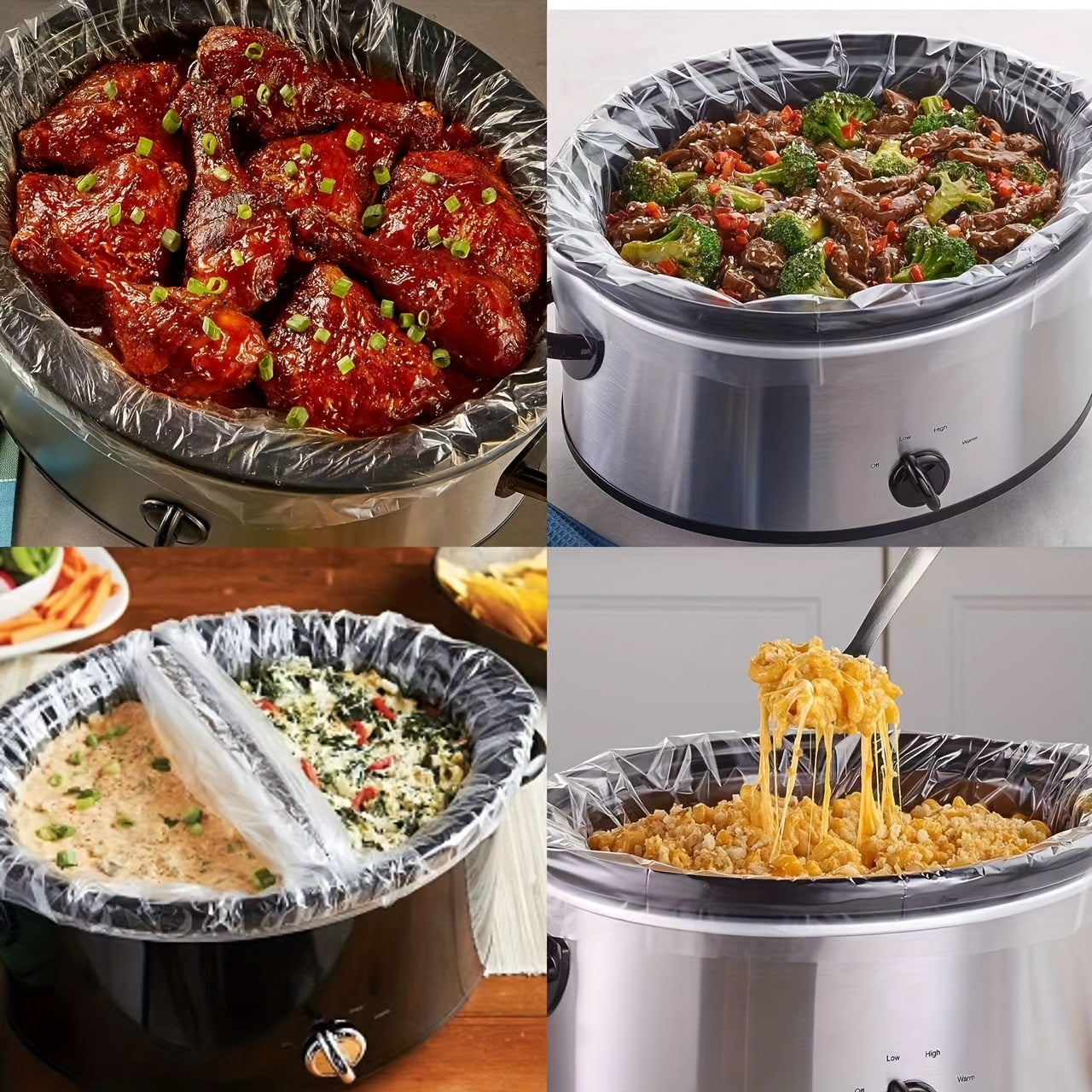 These cooking bags are designed for use with slow cookers, are BPA-free, and are suitable for both oval and round pots. They measure 13 by 53.34 cm and are compatible with sizes ranging from 3QT to 8QT.