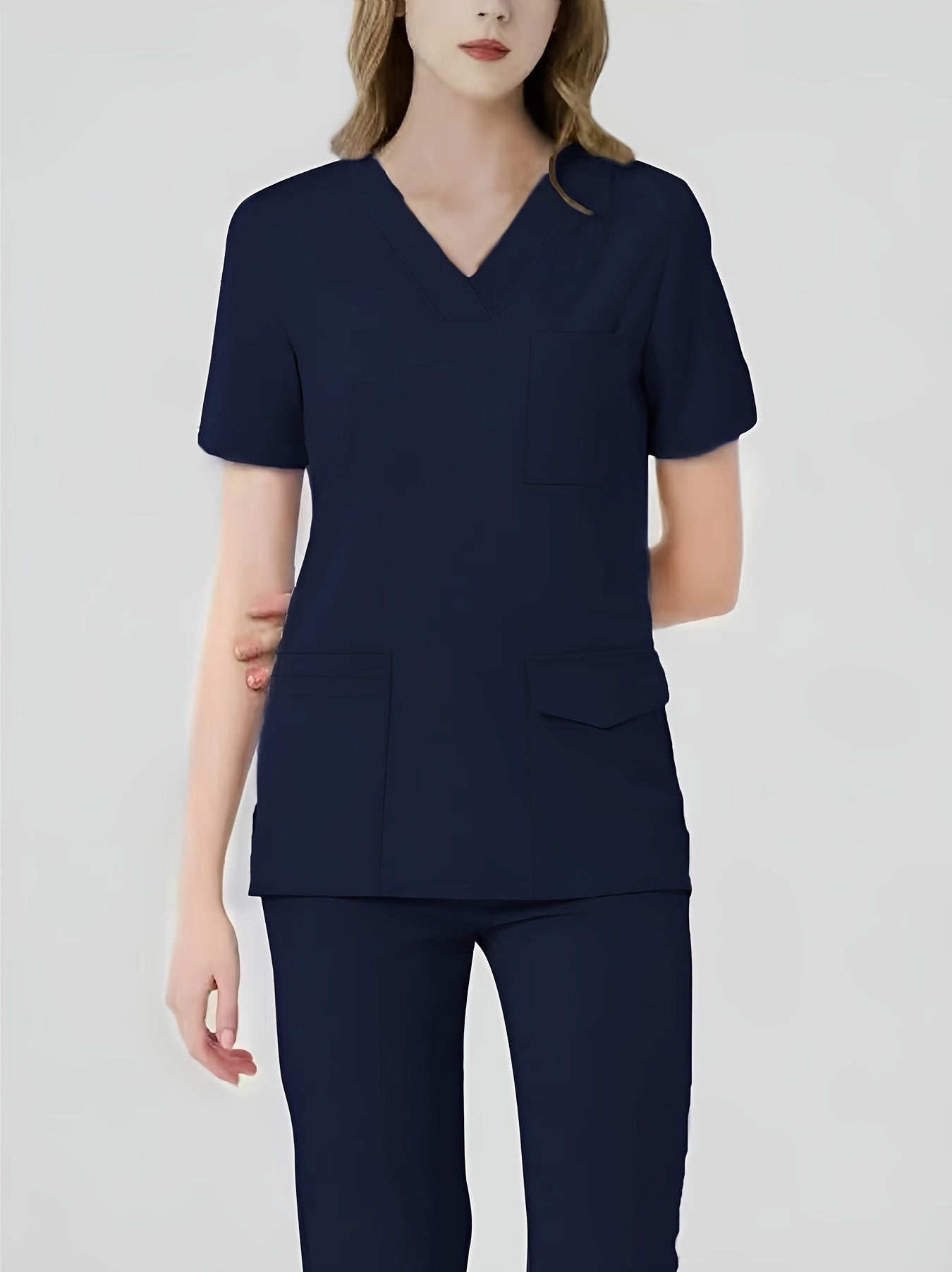 Women's Health Care Uniform Set: Cozy V-neck Top with Pockets and Solid Pants