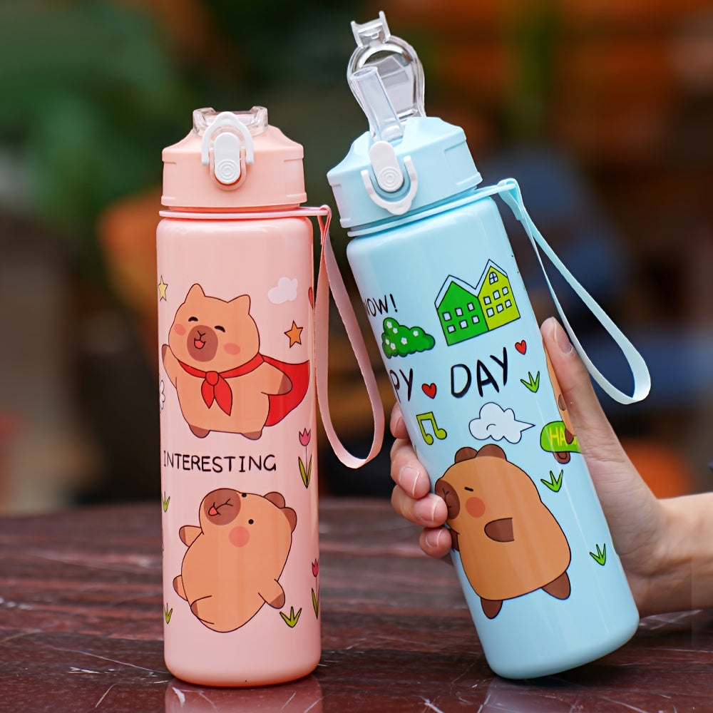 Cute cartoon water bottle (21oz) with leak-proof flip cap and straw, perfect for school, travel, outdoor activities. PVC-free plastic, hand wash only. Suitable for climbing and various holidays and celebrations.