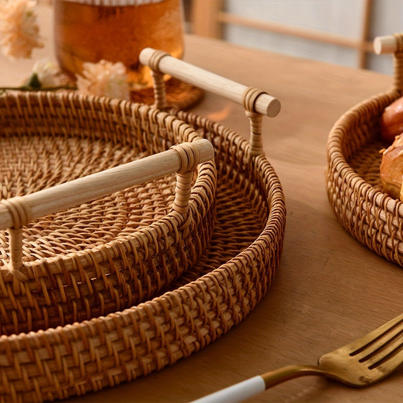 Handcrafted Rattan Serving Tray with Double Handles - Ideal for serving tea, fruit, bread, snacks, and as a storage basket or trivet mat. A versatile addition to your home kitchen essentials.