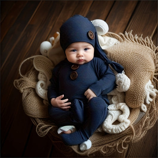 Newborn Christmas Costume for Baby Bodysuit, Photo Props for Newborn Photography, Cotton Jumpsuit with Long Tails Hat, Festive Clothing Outfit