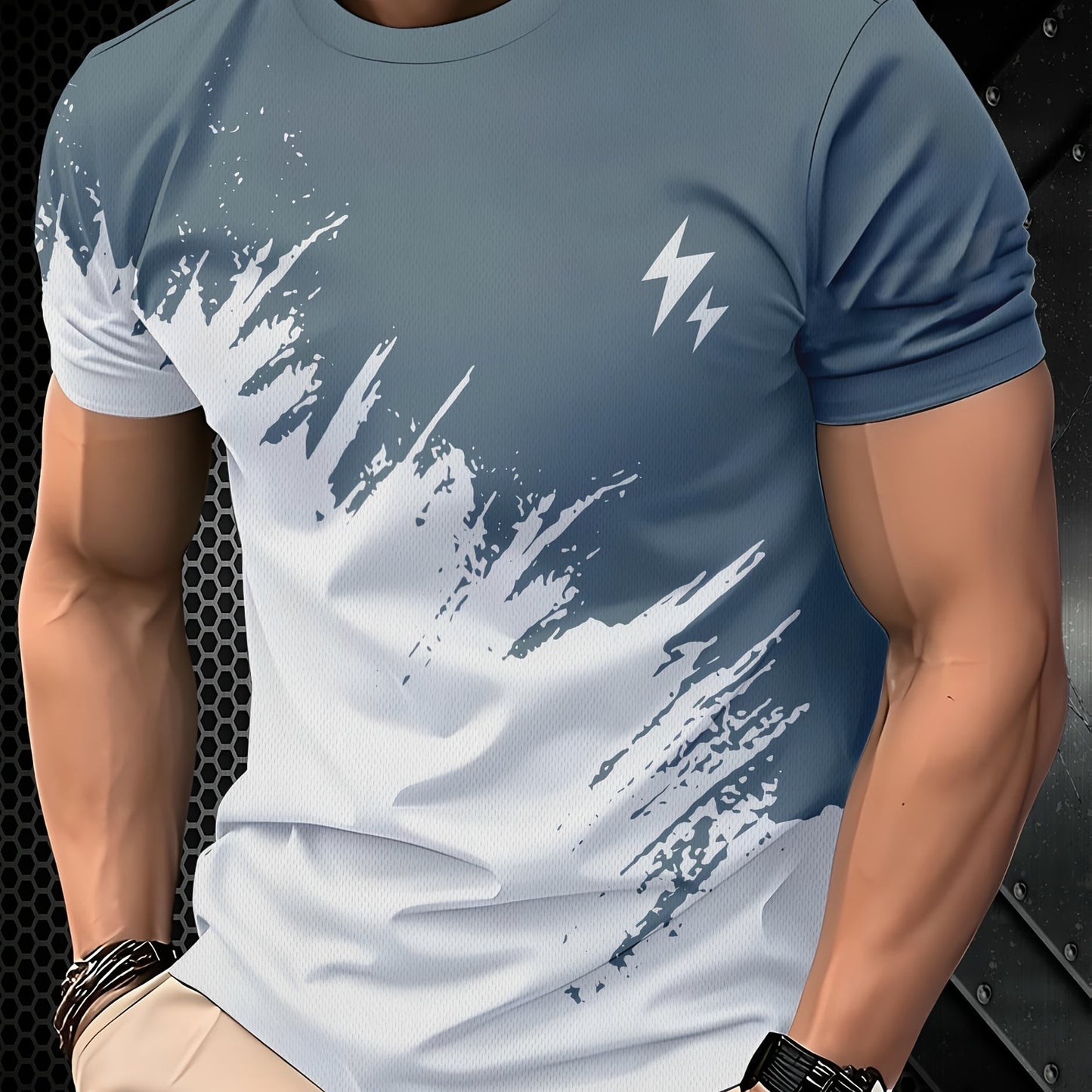 Men's casual short sleeve t-shirt with 3D lightning print, dual-tone design, round neck. Made of polyester blend, machine washable. Great for summer outdoor activities and casual wear.