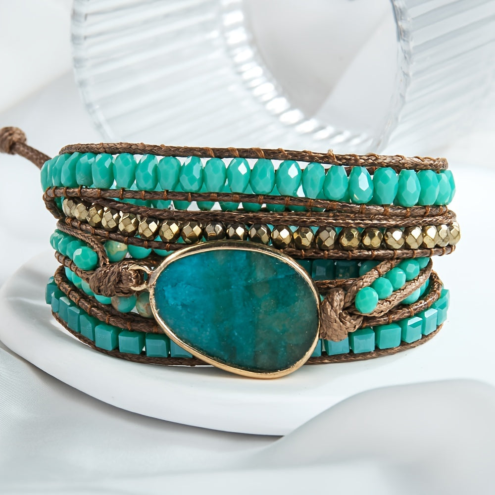 Multi-layered hand rope jewelry accessory made from colorful natural stones, designed as a wrap bracelet.