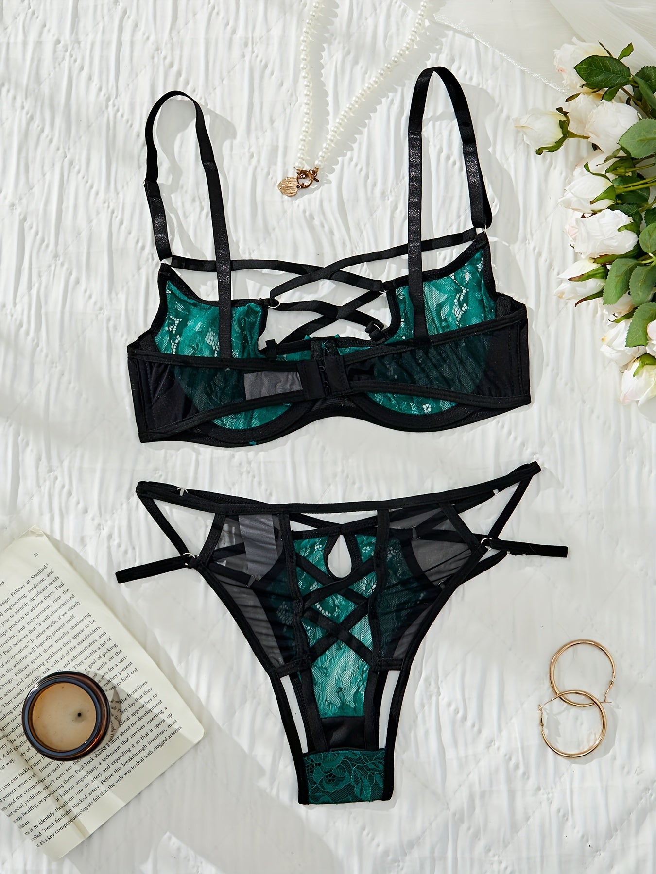 Colorblock floral lace lingerie set with cut out details and bow criss cross design for women.