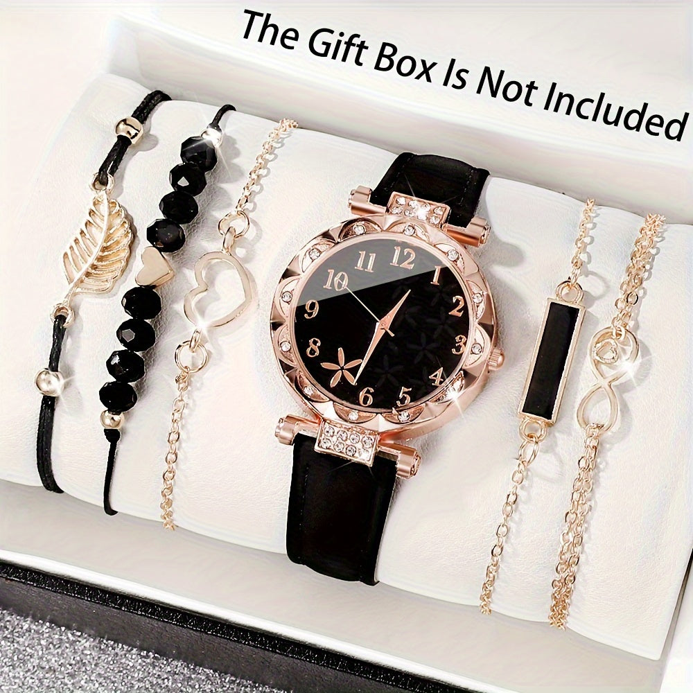 6pcs Elegant Ladies' Fashion Watch and Bracelet Set with Quartz Movement, PU Leather Strap, Zinc Alloy Case - Ideal for Daily Wear, Parties, and Special Occasion Gifts.