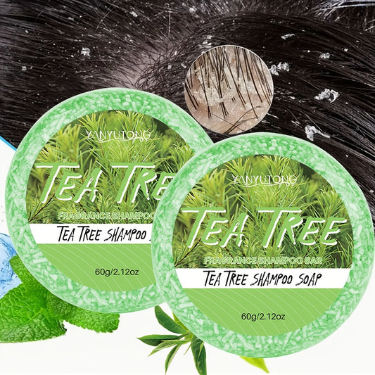 Two Tea Tree Shampoo Bars, 60g each, moisturize, control dandruff, and strengthen hair for all hair types. Cream formula with glycerin for dry hair care.