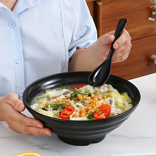 Large ramen bowl with spoon, Japanese-style, BPA-free, microwave and dishwasher safe. Perfect for home, kitchen, restaurants.