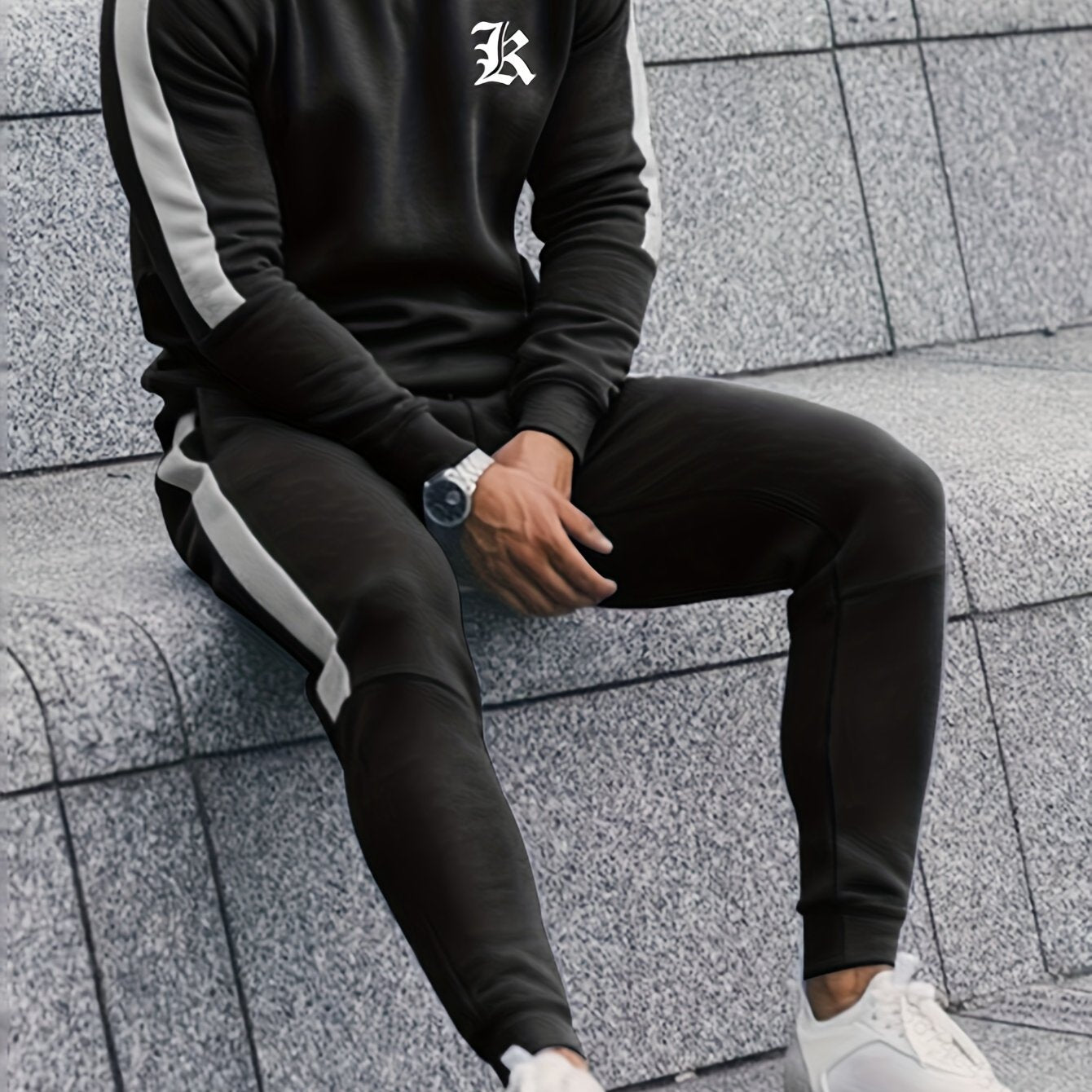 Men's casual sporty tracksuit with letter print in polyester, crew neck sweatshirt & joggers set for fall/winter