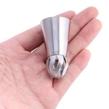 Set of 3 Russian Piping Tips made of durable stainless steel. Perfect for creating intricate designs on cupcakes and cakes, as well as for making puffs. A must-have baking tool and kitchen gadget for any home chef.