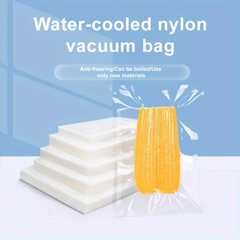 100 vacuum sealed food bags made of silk and transparent polyester nylon material. These bags are designed for vacuum compression and plastic sealing to keep food fresh. They have a glossy commercial finish.