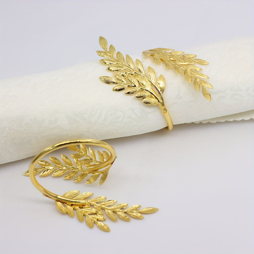 Set of 6 wheat ear design iron napkin rings, great for hotel wedding banquets. Golden plating, also available in silver.