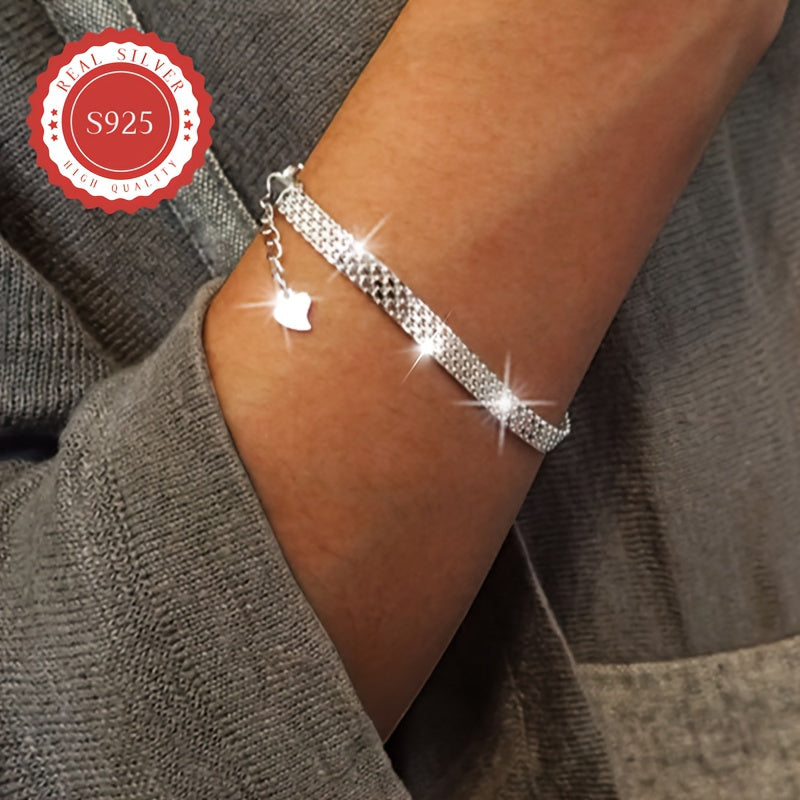 Beautiful Sterling Silver Chain Bracelet Made of S925, Featuring Mesh Embossed Design, Shiny Jewelry Piece, Weighs 5.2g/0.18oz