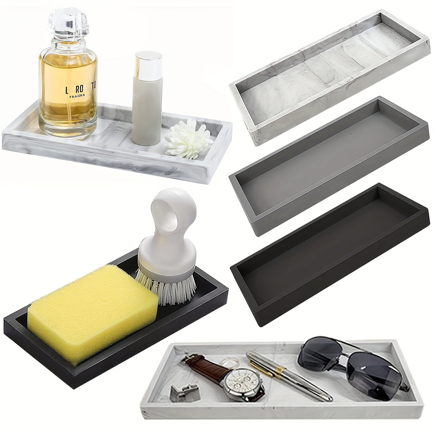 Single bathroom vanity silicone tray for counter, multi-functional organizer for sink, dresser, and home essentials.