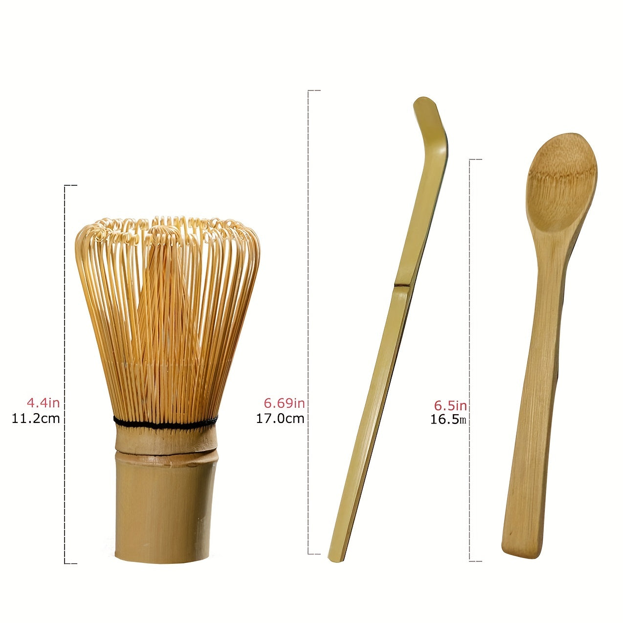 BambooWorx Tea Set includes 1 piece each of a Matcha Whisk, Traditional Spoon, and Teaspoon. This set is ideal for preparing traditional matcha cups and includes essential tea accessories.