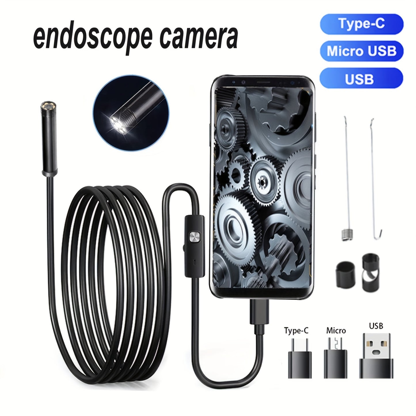 Industrial endoscope camera with 5mm/0.196in diameter for Android phones, ideal for pipeline detection, automotive repair, visual inspections, and air conditioning maintenance, with 1-10m