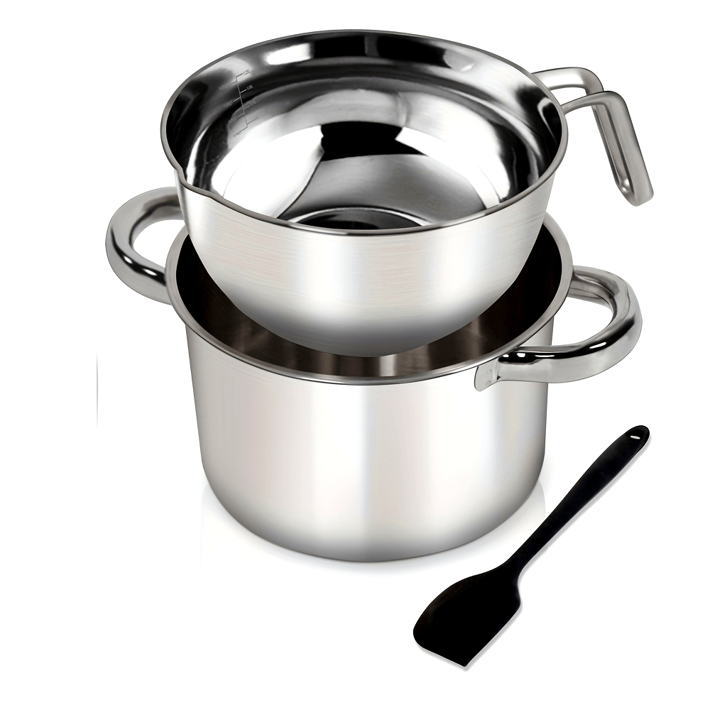 Get two pots for melting different substances: a 1250ML/1.1QT mixing bowl for chocolate and a 2200ML/2QT 304 stainless steel pot with a silicone spatula for melting chocolate, candy, candles, soap, wax, and other cookware needs.