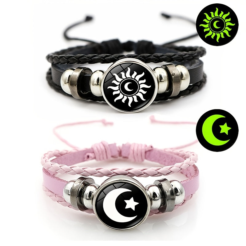 Set of 2 glow-in-the-dark Sun and Moon charm bracelets made of faux leather rope, perfect for couples, men, and women. Ideal gift for girlfriend or party.