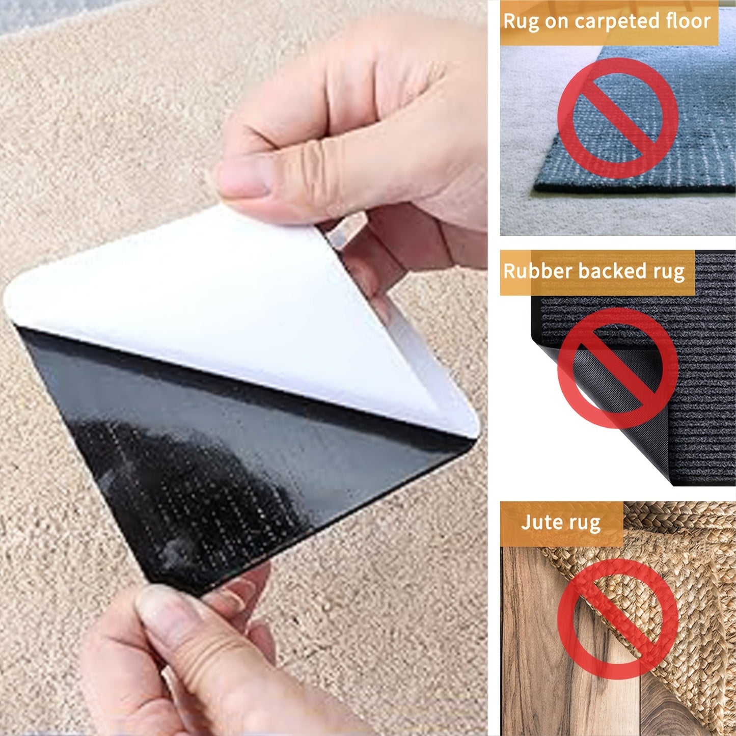 Get a set of 4/8 pieces of Rug Gripper that are anti-slip carpet stickers in a size of 3.15*3.15 inches/8*8 cm square. These rug tapes are perfect for hardwood floors and tiles and are anti-drilling for use in bedrooms, kitchens, and balconies. They are