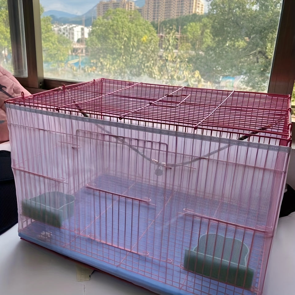 Stretchable bird cage seed catcher prevents mess and scatter in parrot enclosures.